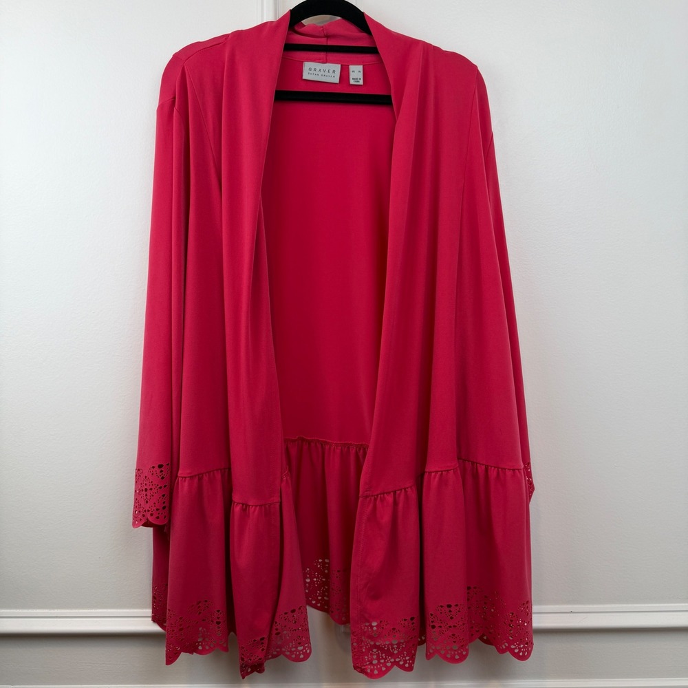 Susan Graver Graver Liquid Knit Open Front‎ Cardigan Pink Eyelet Ruffle Hem XL